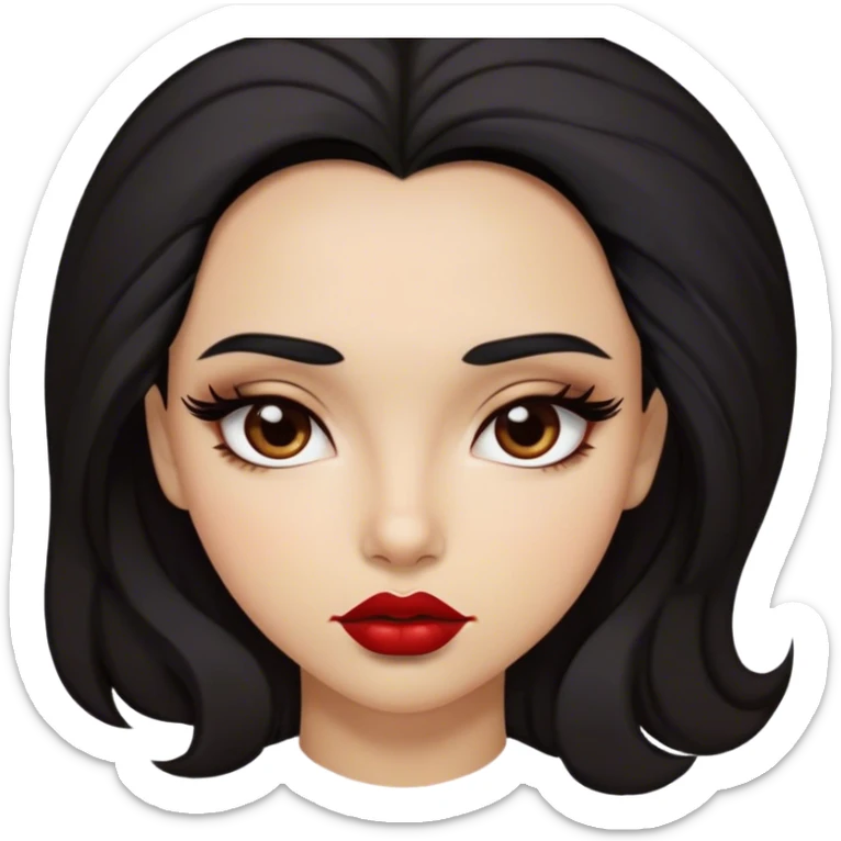 Light Carmel skinn girl, black thick hair, bold features, brown almond eyes, thick eyebrows, deep red lips, full cheeks  sticker