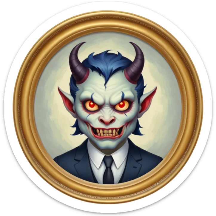 round oil painting in frame, portrait of a demon in a suit sticker