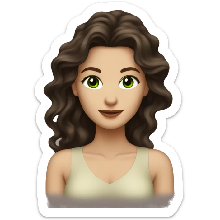 hot woman long dark brown wavy voluminous hair with green eyes beige skin sticker