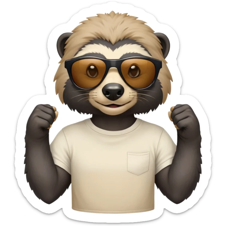 friendly anthropomorphised honey badger head and neck wearing sunglasses, top of t-shirt visible, different expression sticker