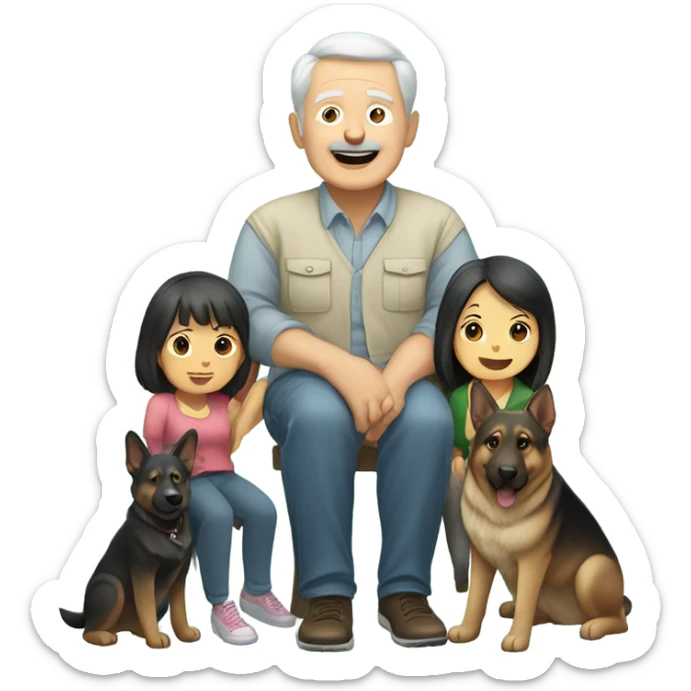 Old white man with TWO Asian girls and TWO German Shepard dogs sticker