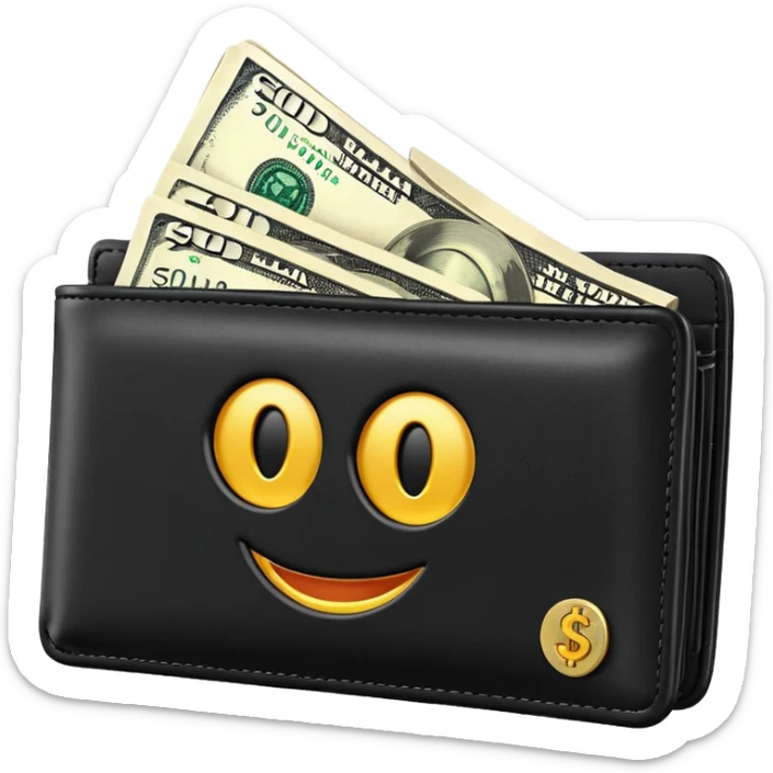 Rich emoji style black leather wallet with dollar bills, luxury money vibe, premium 3D emoji, ultra clean, high detail, no background
 sticker