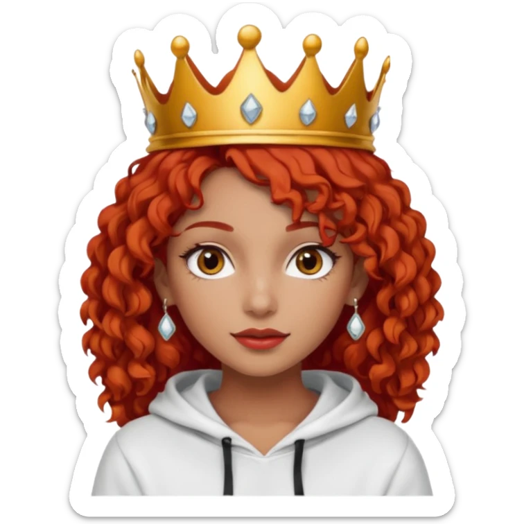 
Slim girl with a fine face, dark and tanned skin, medium-length curly tomato-red hair, dark eyes, medium-thick eyelashes, and a crown and earrings, wearing a white hooded sweatshirt. sticker