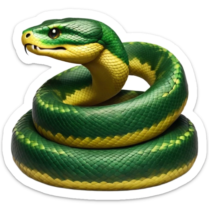 cinematic-anaconda-realistic-full-body-coiled-emoji,-thick-muscular-body-wrapped-in-powerful-loops,-smooth-green-and-black-patterned-scales-glinting-under-the-light,-head-raised-slightly,-piercing-golden-eyes-staring-intensely,-simplified-yet-realistic-focused-features,-highly-detailed,-glowing-with-an-almost-sarcastic-glow sticker