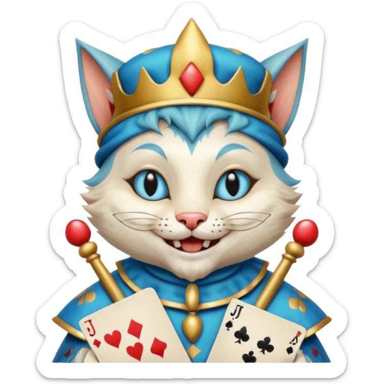 crazy colorful cute little cat jolly joker from poker, medieval, vintage, court jester, mac os icon, blue color, holds poker cards sticker