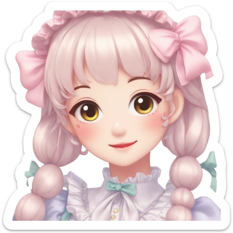 Gorgeous anime style lady blushing face maid outfit Lolita idol model colorful shiny sparkle kawaii pastelcore cottagecore pearly petite simplistic aesthetic trending style sticker