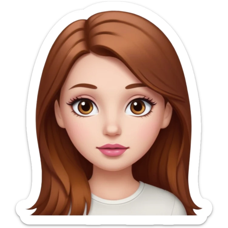 white girl with long brown hair with caramel highlights wearing a white top. Blush on the cheeks and big eyelashes and a brown-pink lip combo  sticker