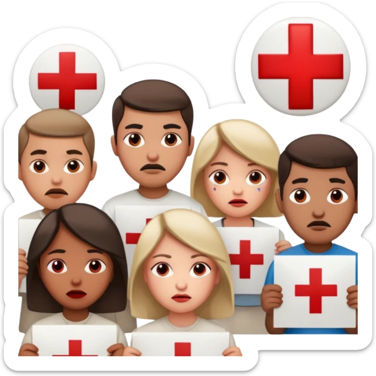 a crowd of people with unhappy faces, holding posters with a red cross painted on them sticker