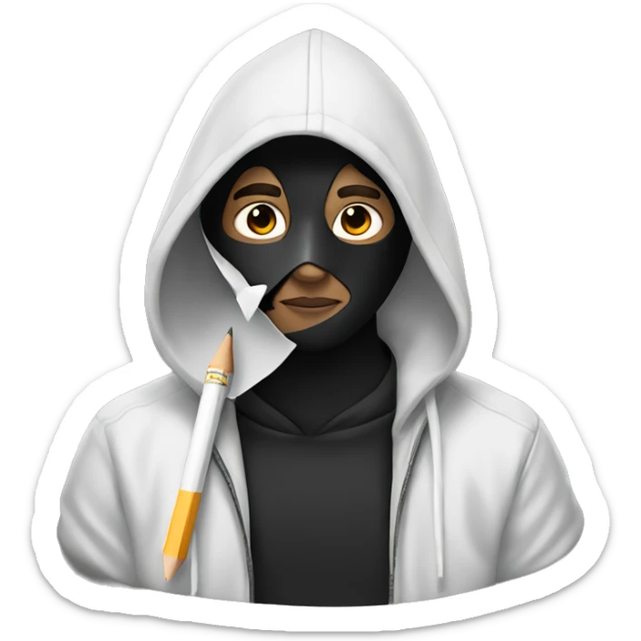 White Male artist wearing white drama mask and black hoodie holding pencil sticker