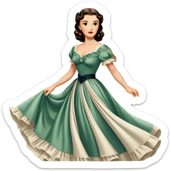 Icon for Romance Movie: A vintage movie poster-style design inspired by Gone with the Wind. Include romantic, sweeping imagery like Scarlett O'Hara in a flowing dress, Rhett Butler, a plantation backdrop, and fluttering wind-blown fabric. Soft, nostalgic cinematic feel. Transparent background. sticker