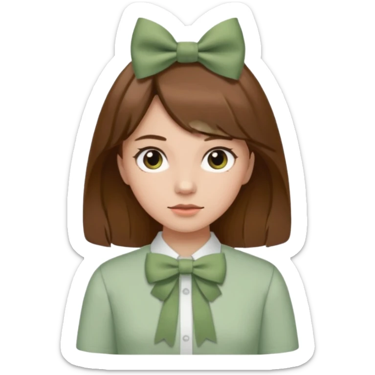 girl brown hair with sage green bow white shirt sticker