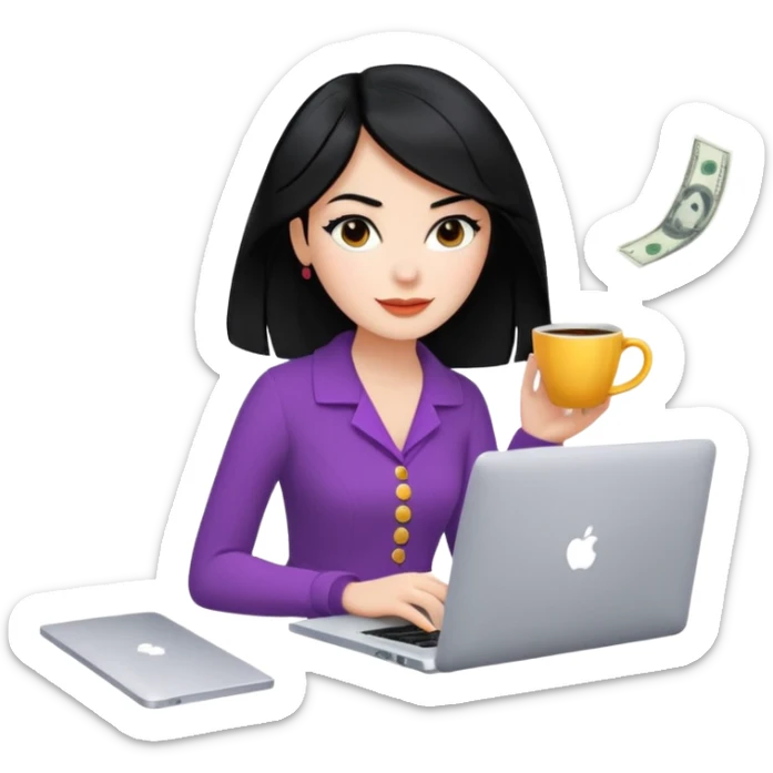  woman character with laptop and coffee in Paris, dollars coming out from the screen floating, colorful chic outfit, white laptop, Pixar style, black hair, fair skin,  sticker