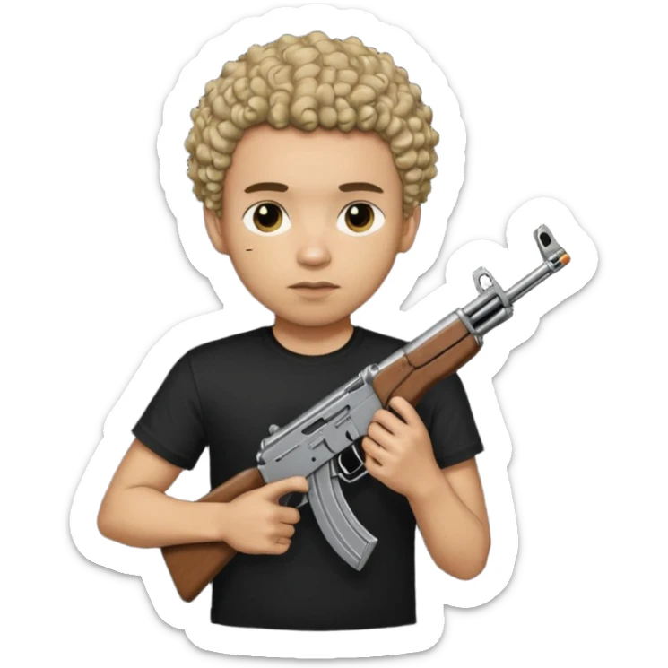 AK47 in hand, light skin male with shortest curly hair  and some cuts on the face  sticker
