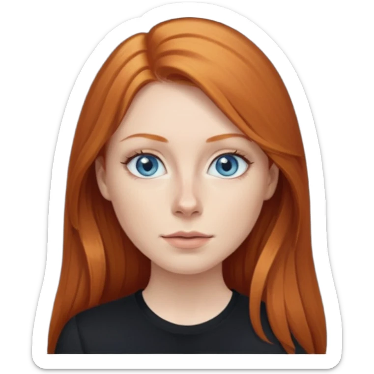 Ginger head woman with long hair and lightblue eyes, straight nose, almond eyes, black shirt,  sticker