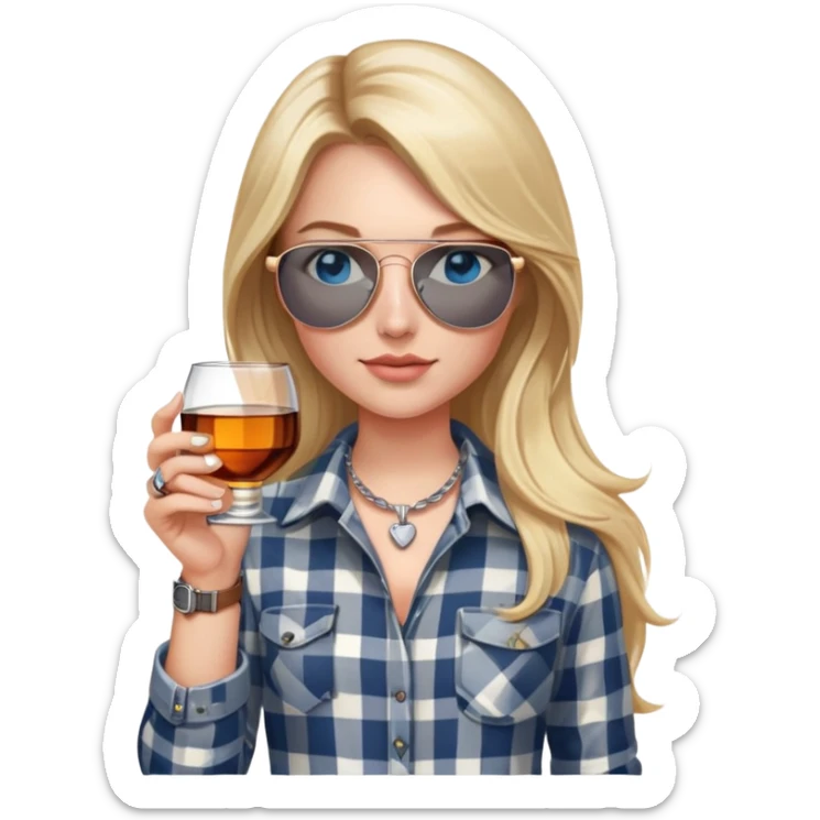 girl with long blond hair, wearing grey/white plaid shirt, with blue eyes and aviator sunglasses, wearing a ring on her silver necklace around her neck, holding a glass of whiskey, wearing rose gold apple watch sticker