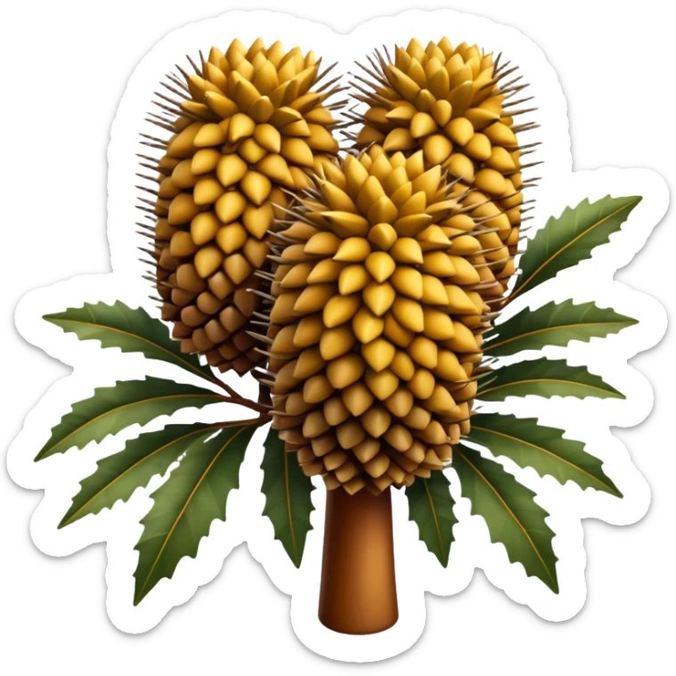 Cinematic Realistic Banksia Emoji, Bold and striking, with spiky, cylindrical flower heads covered in rich golden hues. The leaves are thick and leathery, adding a sense of strength to this unique and iconic tree. Soft glowing outline, capturing the essence of Australian ruggedness and floral beauty in a distinctive banksia tree! sticker