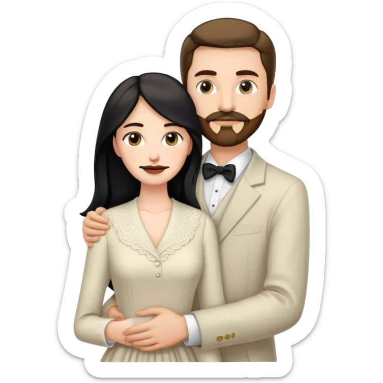 married couple portrait, tall white man with brown hair goatee mustache embracing a pale woman with long black hair, wearing formal clothing sticker
