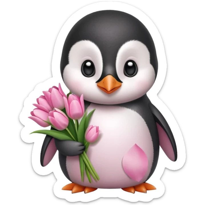 Cute baby penguin holding flower bouquet wraped in white paper and all flowers tulips in pink colour sticker