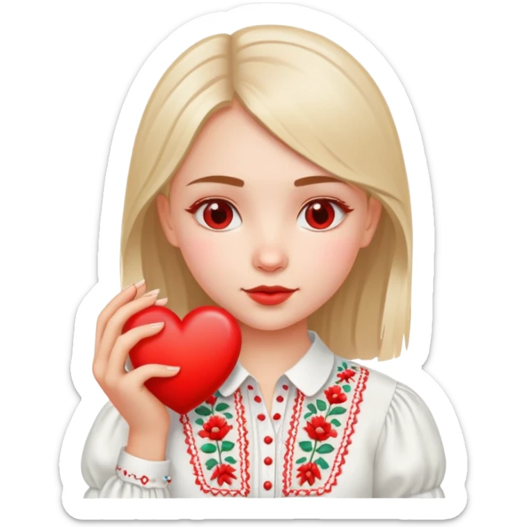 Ukrainian girl in a white embroidered shirt holds a heart in her hand sticker