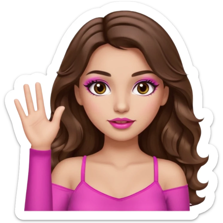 girl with long wavy brown hair, brown eyes, long lashes makeup, sexy pink lips, light to medium complexion, wearing a pink sexy top, one hand in the air high sticker