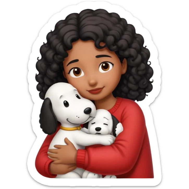 Girl with brown skin and curly black hair hugging snoopy sticker