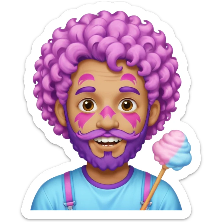 very colorful puffy violet curly haired man beard made out of cotton candy wearing teeth-braces and excessive face tattoos just face  sticker
