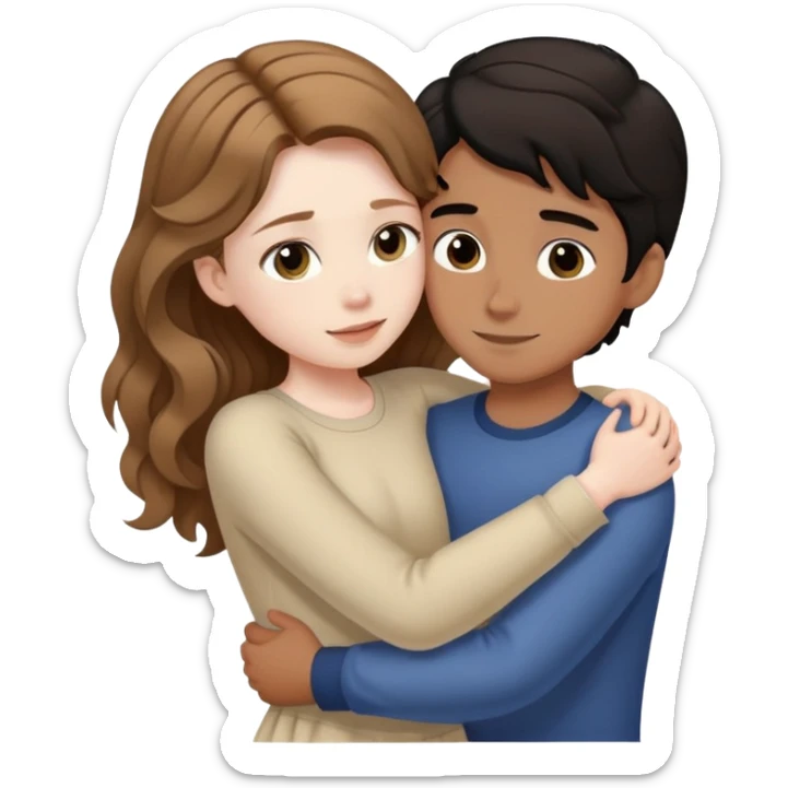 girl with long light brown hair and pale skin hugging a boy with short black wavy hair and tanned skin sticker