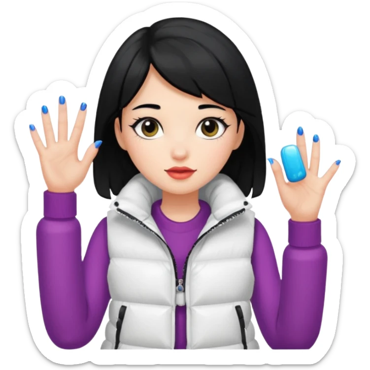 girl with black hair in a white puffer vest with nails sticker