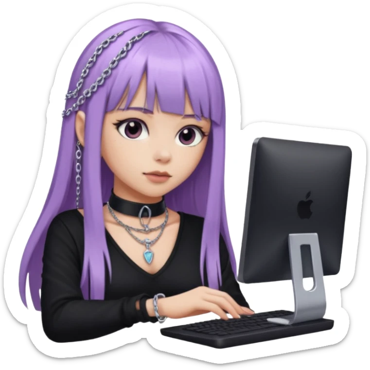 lilac girl with long hair and bangs worker and acessories with a pc worten the clothes black like an alternative sticker