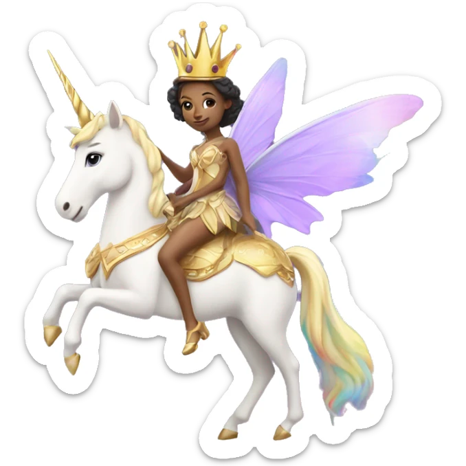 A fairy queen with purple wings and a golden crown riding a rainbow unicorn ￼ sticker