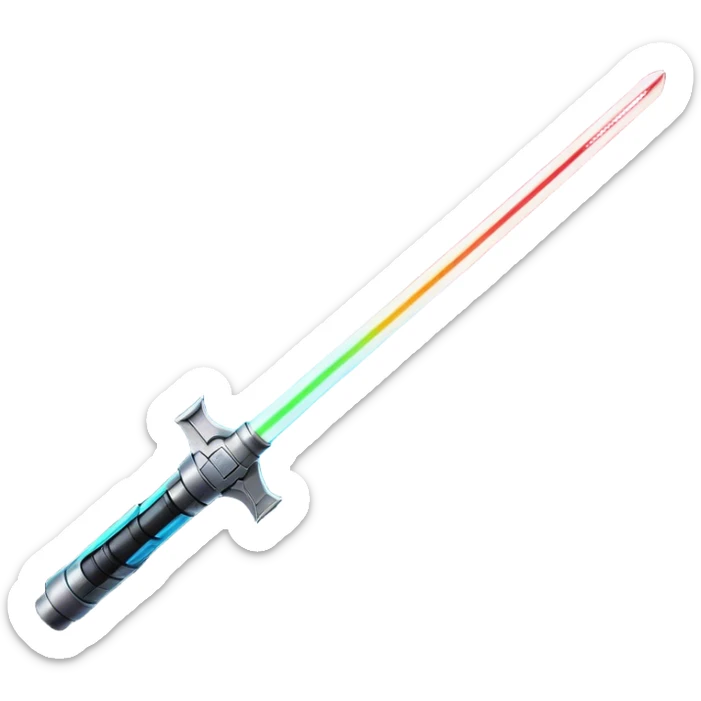 Clash of Clans aesthetic: Cinematic heroic light sabre Emoji, rendered in a 3D vector-style similar to standard emojis with minimal shading and bold, simplified shapes. A compact, vibrant energy blade with a neon-hued, glowing edge and futuristic hilt, softly glowing with a radiant cosmic charm. Simplified yet unmistakably iconic, highly detailed and consistent, glowing with a soft pulsating brilliance and high shine. Stylized with a touch of interstellar elegance and a soft glowing outline, capturing the essence of a legendary energy blade with a friendly, playful manner! sticker