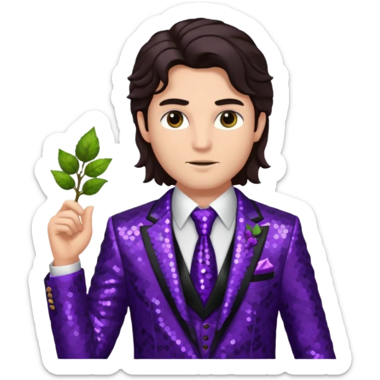 Dionysus from Greek Mythology with long dark brown hair, purple sequin suit jacket and tie, black shirt sticker