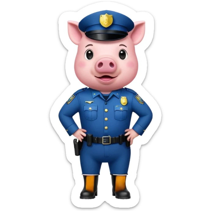 a pig, upright, in a police officer uniform, drooling and looking to the bottom left sticker