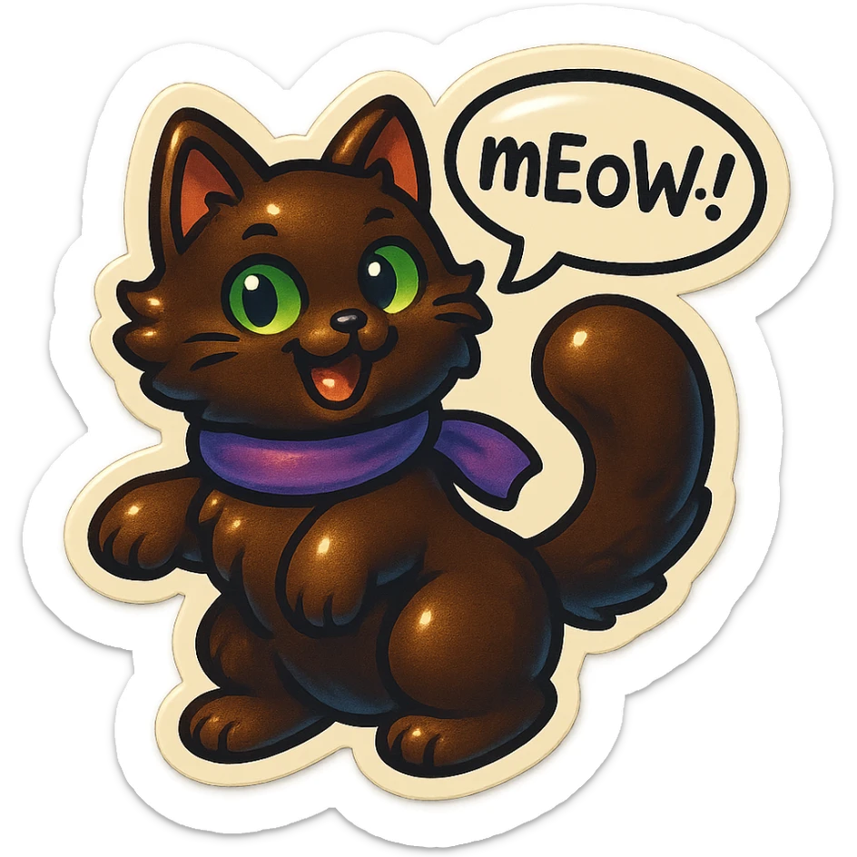 Fluffy cute playful silly smiling happy dark-brown cat with green eyes and a purple scarf saying ‘mEoW~!’ (With a speech bubble) sticker