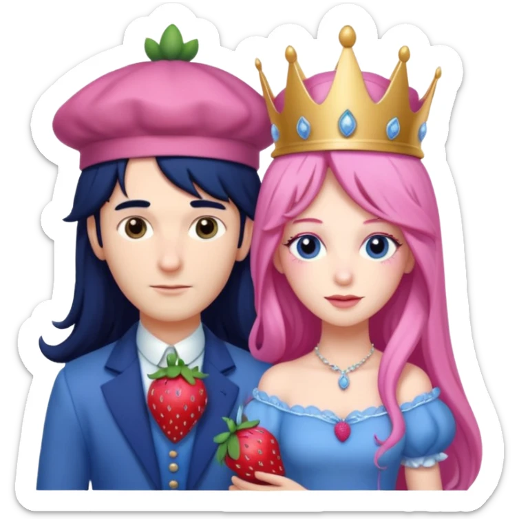 pale blueberry prince man Handsome with long black hair blueberry hat and clothes next to pale strawberry princess woman with strawberry hat eyelashes long pink hair and Pink strawberry dress sticker