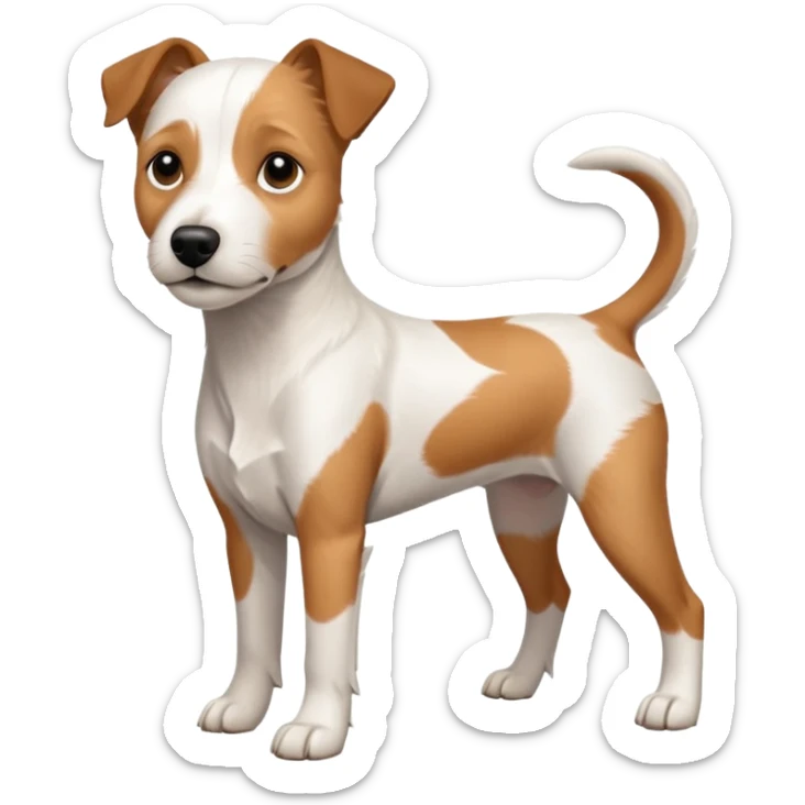 a full body white parson russell looking dog the size of a kelpie with light brown ears and a light brown patch on one eye and a large snout sticker
