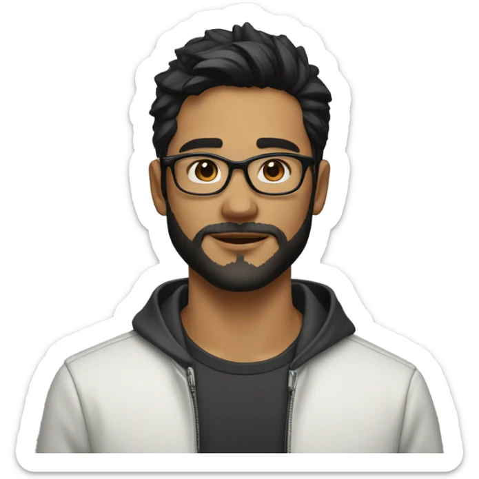 A beautiful  young man with black and medium hair and white skin and beard, wearing round glasses and jacket sticker