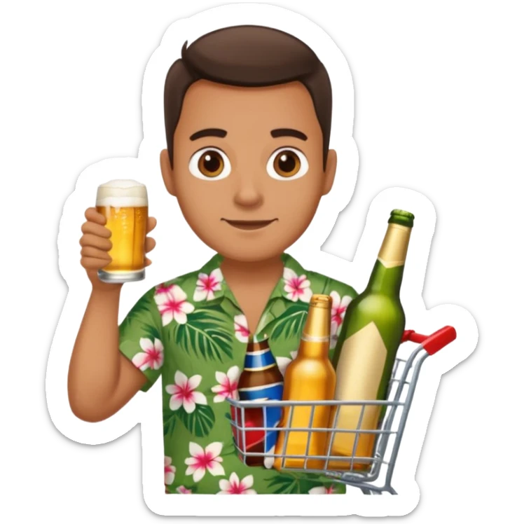 man with a shopping cart full of beers and wines sticker
