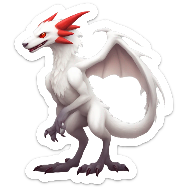 White edgy cute epic albino sergal-vernid-Fakémon with red mane and red eyes, full body sticker