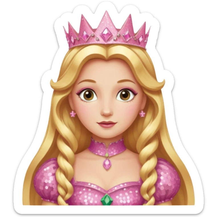 Glinda from The Wizard of Oz with long golden blonde hair, pink sequin outfit sticker