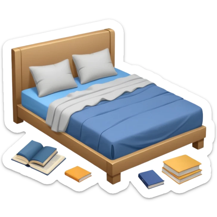 messy bed with a wrinkled blanket, the pillow out of place on the floor. Around the bed, scattered items include a t-shirt, pants, and an open book on the floor. sticker