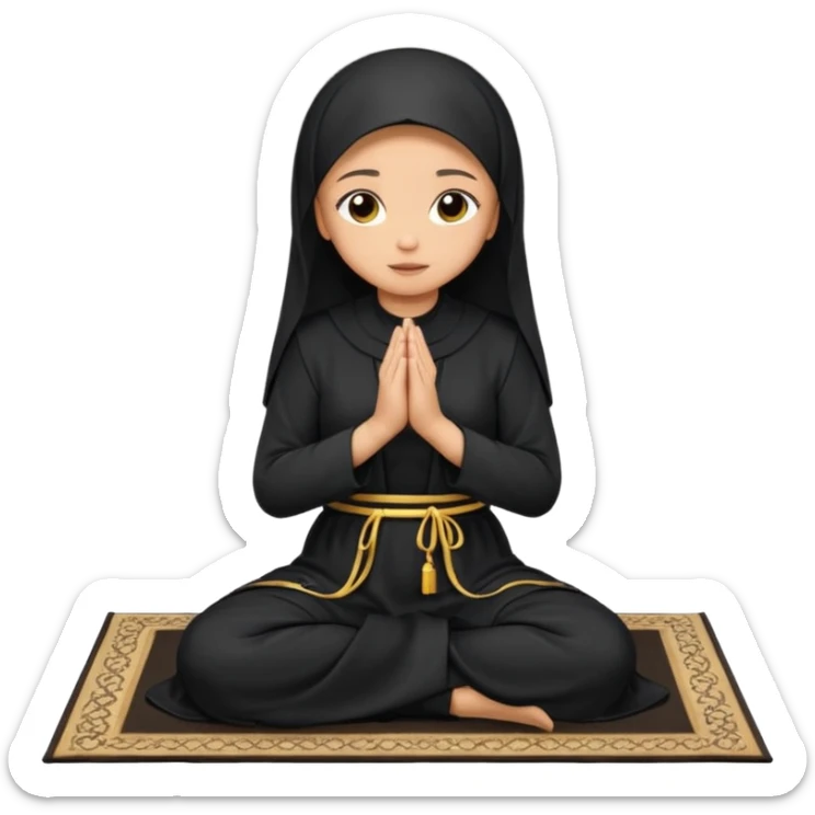 Light skin Muslim woman in black abaya side profile praying on prayer mat  holding up hands to god sticker