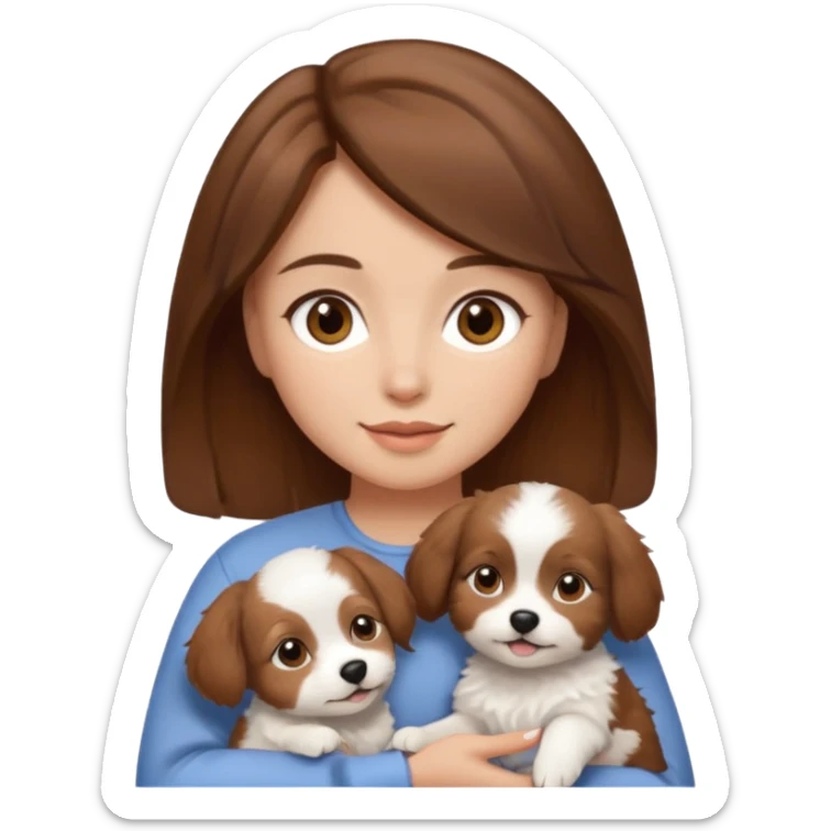 Blue eyes brown haired woman holding a brown and white dog sticker