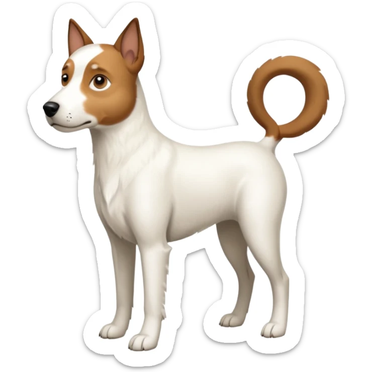 a full body large white parson russell looking dog the size of a kelpie with light brown flopped down ears and a light brown patch on one eye and a large snout sticker