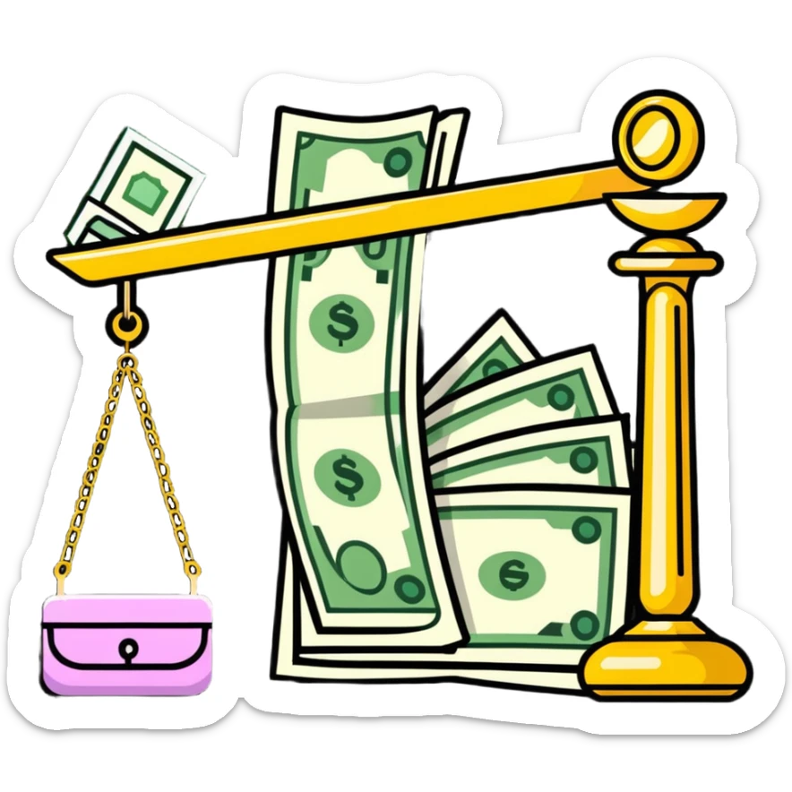 gold scale with cash on one side and beauty products on the other sticker