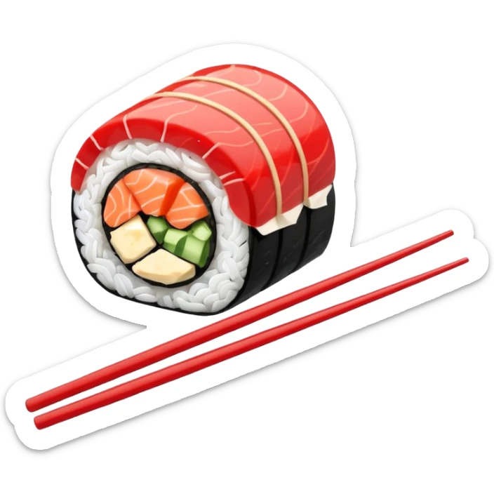 Japanese cuisine humanless avatar in minimalist emoji-style illustration. Sushi, roll and 2 chopsticks, clean lines, red white colors, flat design, calm and modern. sticker
