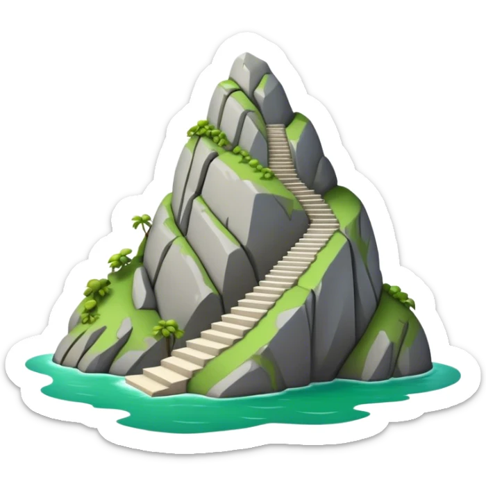 Cinematic Realistic Guatapé Rock Landmark Emoji, depicting the colossal monolithic rock with its zigzagging staircase, offering panoramic views of lush green lakes and scattered islands. sticker