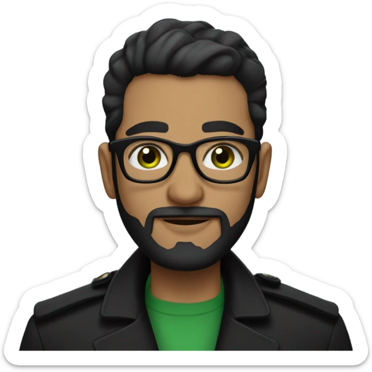 arabic looking man with black gentleman hair and small beard with green tinted glasses and black shirt and black trench coat sticker