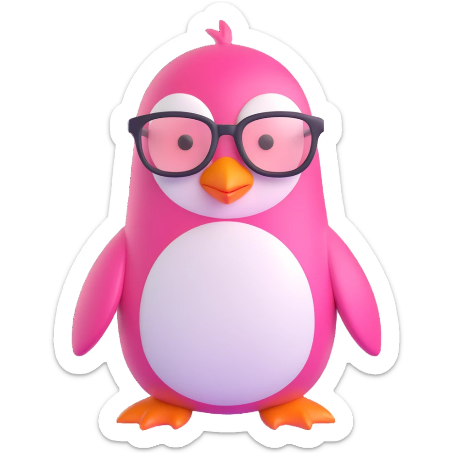 pink penguin with a genius girl vibe, wearing glasses, looking clever and confident, cute and expressive sticker