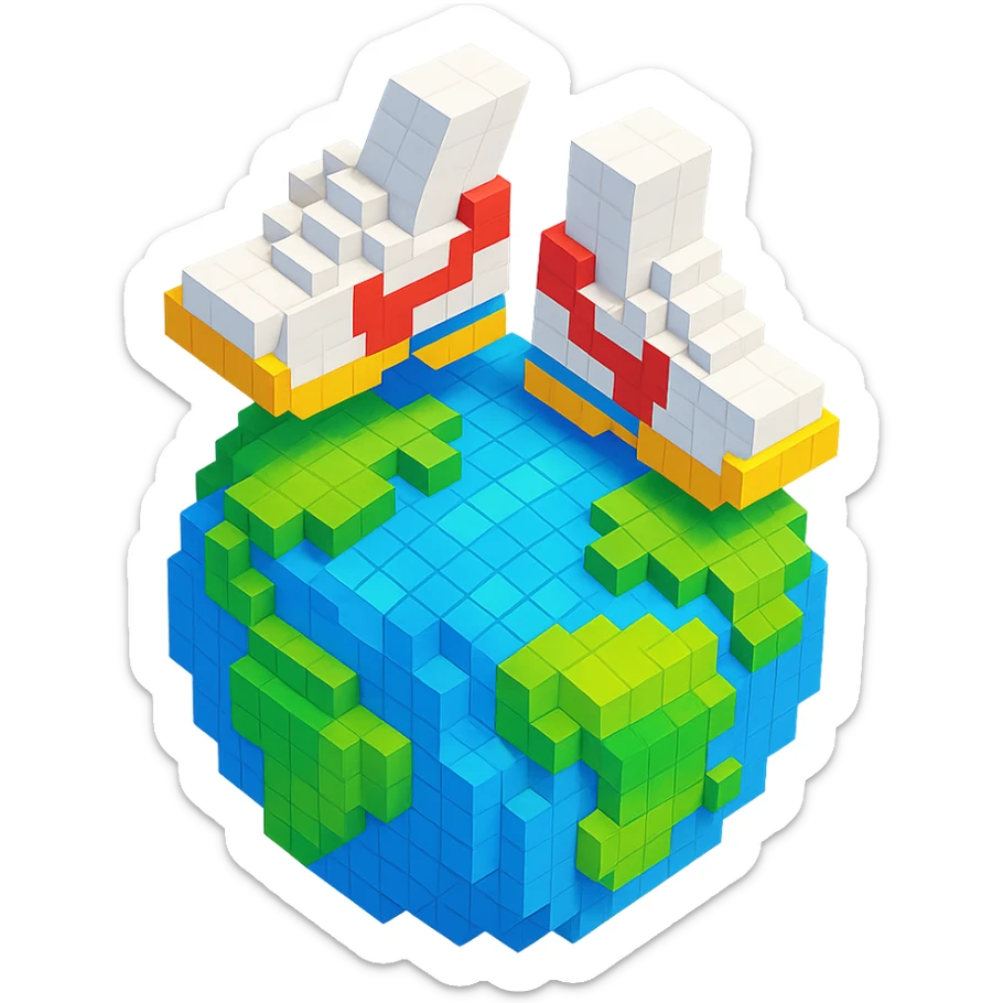 isometric view of Earth globe with a pair of Nike Cortez sneakers walking on top, voxel style sticker